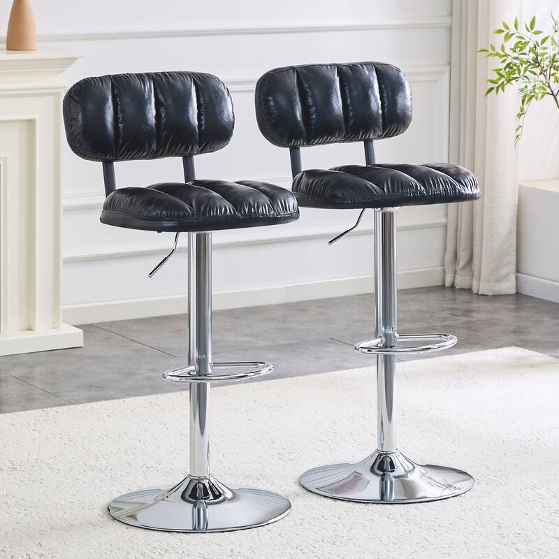 Set of 2 Adjustable Height Bar Stools, Black PU Leather with Chrome Base & Footrest