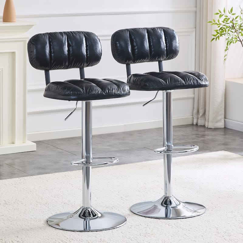 Set of 2 Adjustable Height Bar Stools, PU Leather Upholstered with Chrome Base & Footrest, Modern Comfortable Stools