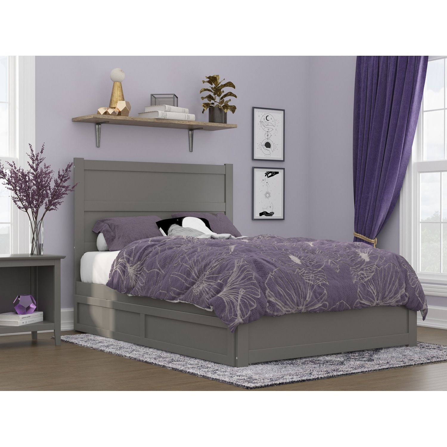 NoHo Full Platform Bed with Matching Footboard & Twin Trundle in Grey