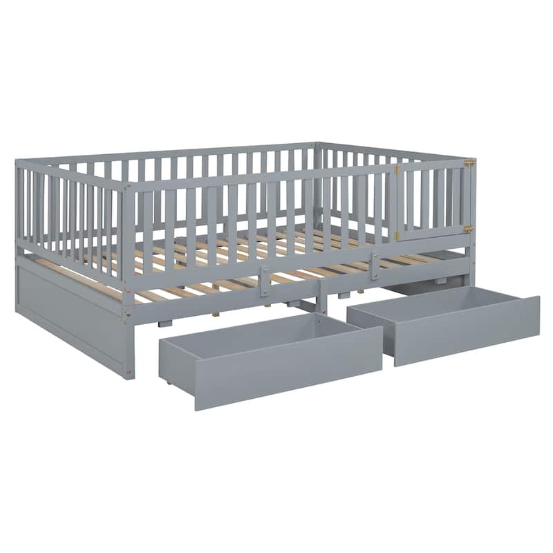 Full Size Wood Daybed with Fence Guardrails and 2 Drawers, Split into Independent Floor Bed & Daybed, Gray