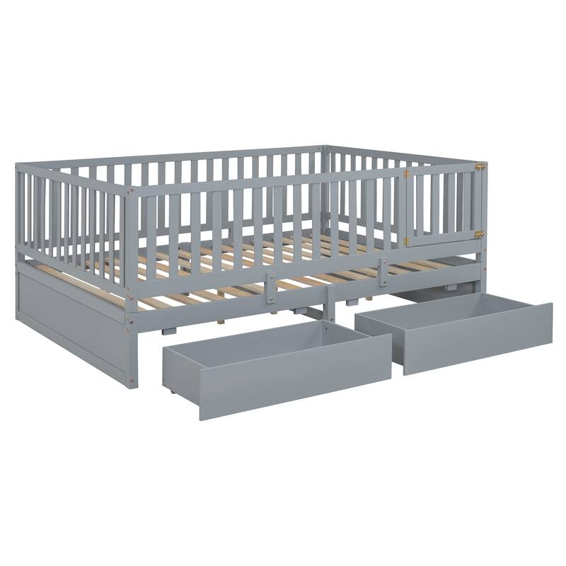 Pine Wood Daybed Floor Bed Frame with Fence Guardrails and 2 Drawers, Converts into Two Individual Beds, No Box Spring Needed