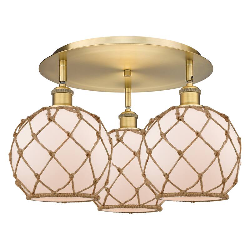 Innovations Lighting 516-3C-12-20 Farmhouse Rope Semi-Flush Farmhouse - Brushed Brass / White Glass with Brown Rope