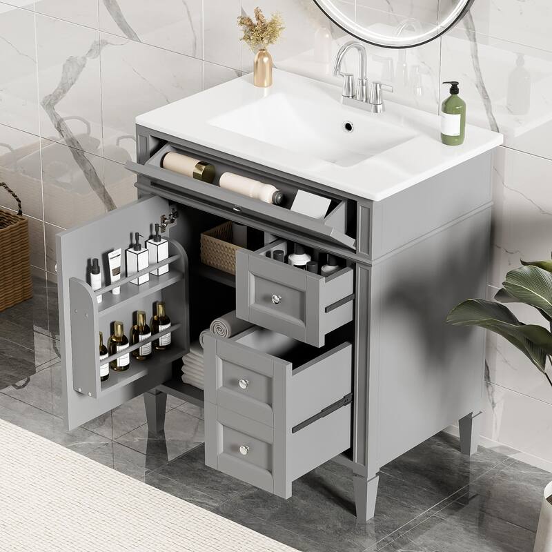 Single Sink Vanity for Bathroom Storage Cabinet with Tip-out Drawer, Small Drawer, Large Drawer, Door Rack and Adjustable Shelf