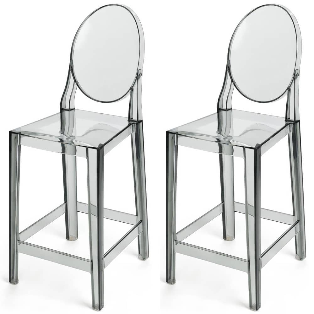 Smoke 25" Counter Height Bar Stools with Back – Stackable Transparent Plastic Chairs for Kitchen, Bar, or Outdoor – Set of 2