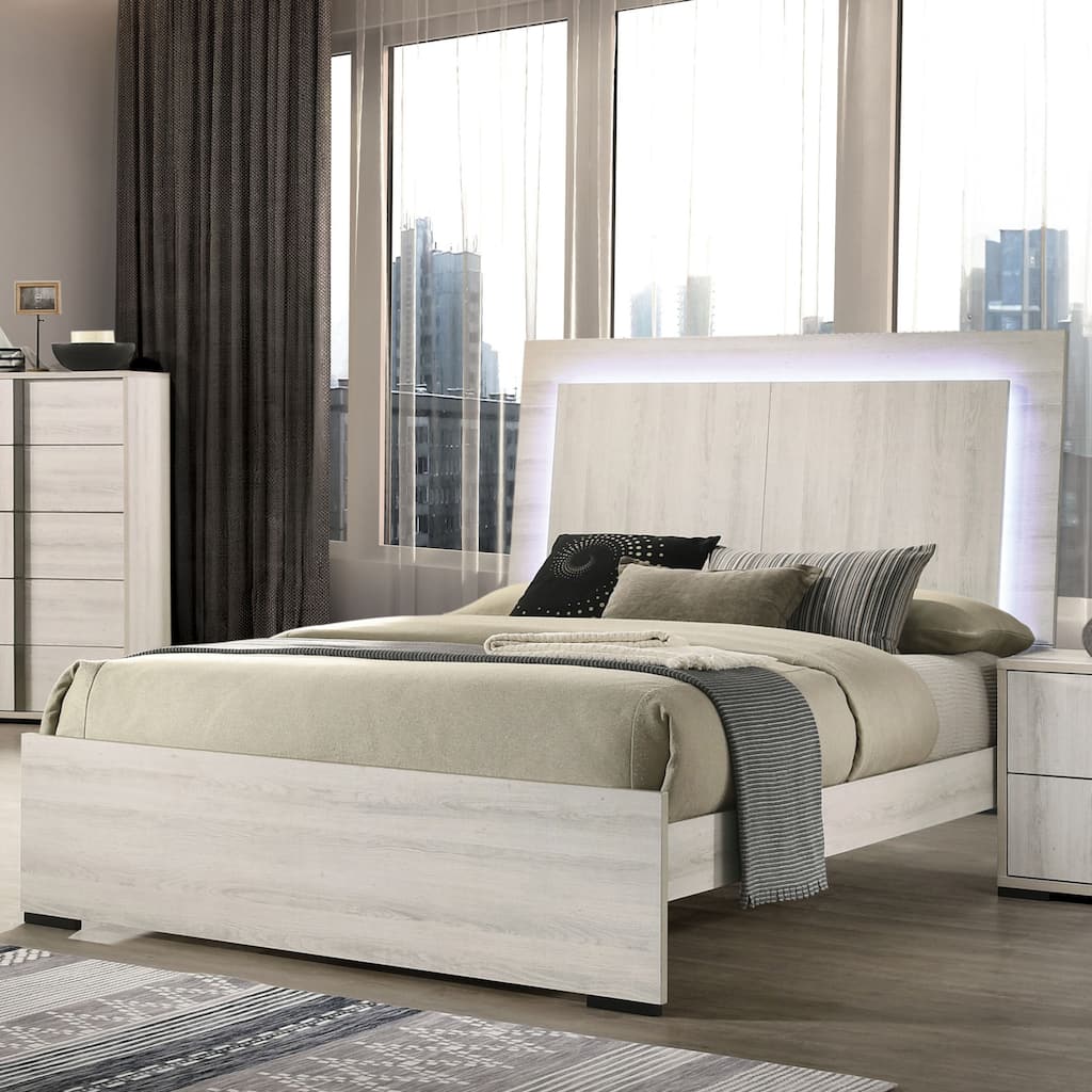 Furniture of America Eltering Contemporary Washed White Panel Bed with LED Lighting