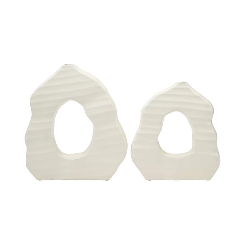 Sagebrook Home Ivory Ribbed Ceramic Open-cut Vase, Elegant Home Decor, Classic ivory palette for an elegant touch