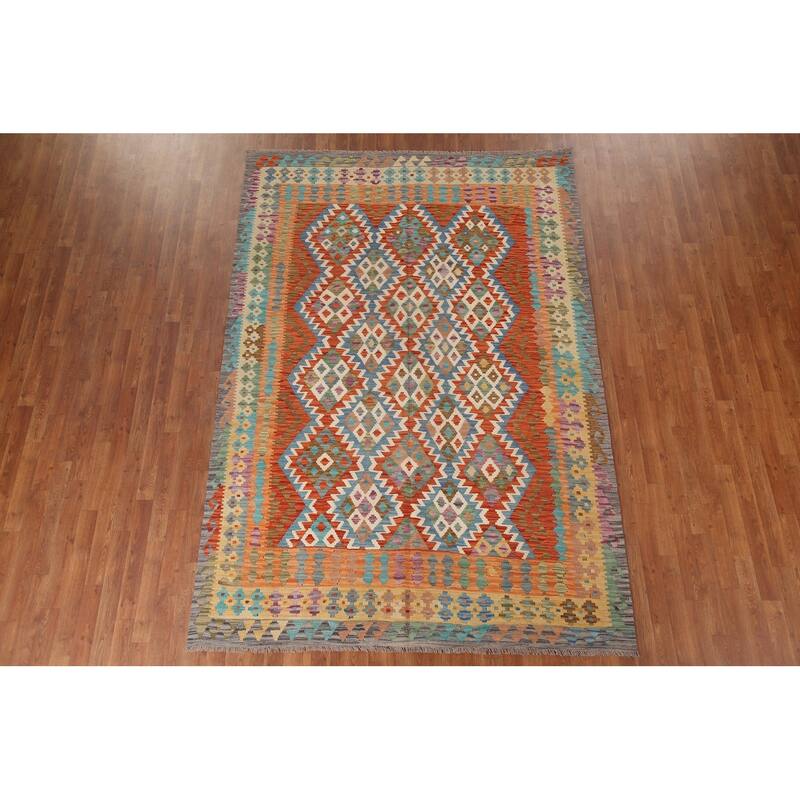 Hand Woven Oriental 100% Wool Carpet Southwestern Geometric Oranges & Rust Kilim Area Rug - 9' 6'' X 6' 6''
