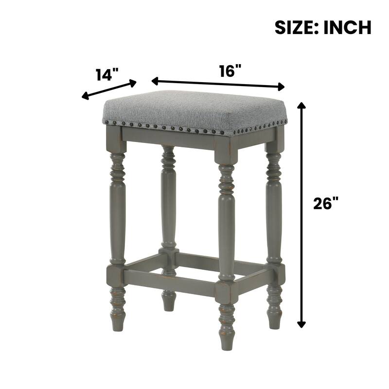 Wooden Counter Stool with Padded Seat Set of 2 - 26Inch Barstool with Nailhead Trim, Turned Legs(Counter Height)