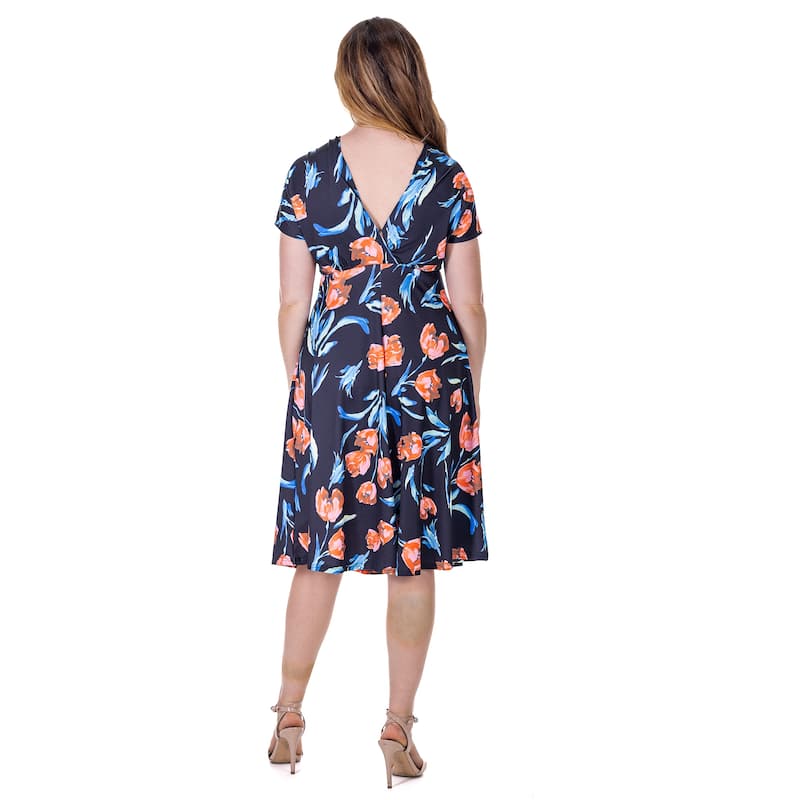 24seven Comfort Apparel Womens Tulip Print V Neck Empire Waist Kimono Cap Sleeve Knee Length Dress
