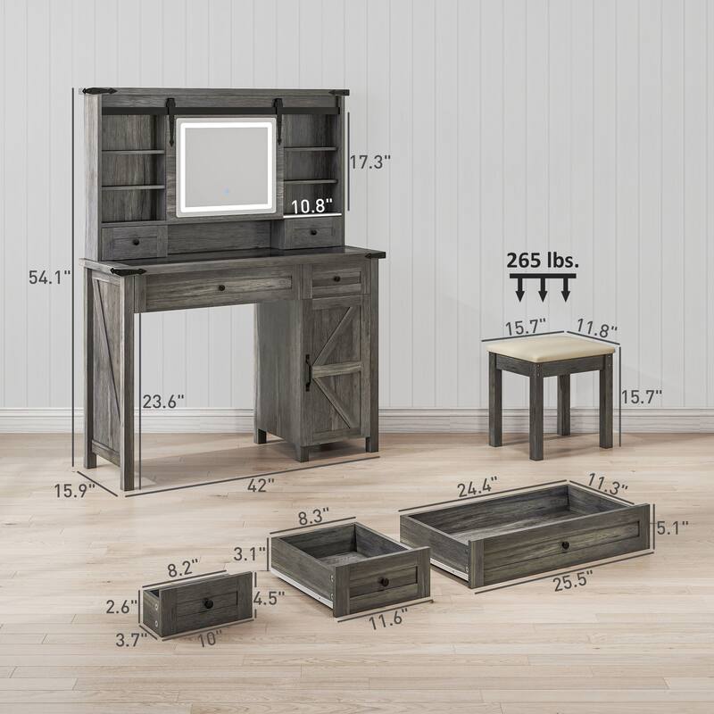 LED Dressing Table With 4 Drawers Cabinet Shelves And Stool - 42" W x 15.9" D x 54.1"H