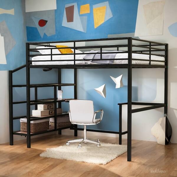 slide 2 of 13, Full Size Loft Bed with Desk , Heavy Duty Metal Loft Bed Full with Shelves, Full Loft Bed Frame for Kids,Teens,Black Black