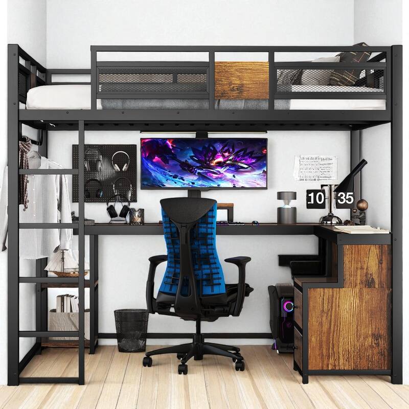 Queen Loft Bed with Desk and Storage Drawers, Metal Loft Bed Frame with Guardrails, Ladder, and Workstation - Black - Queen