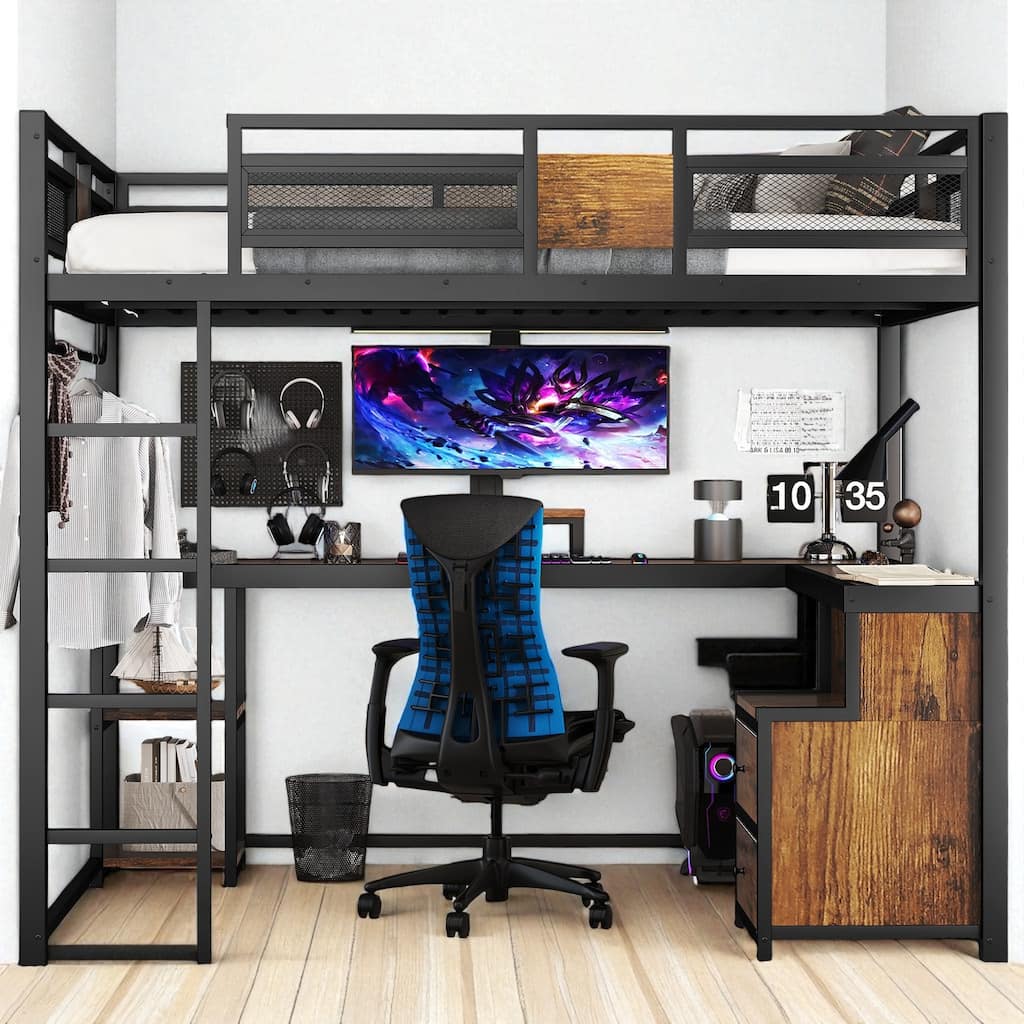 Queen Loft Bed with Desk and Storage Drawers, Metal Loft Bed Frame with Guardrails, Ladder, and Workstation