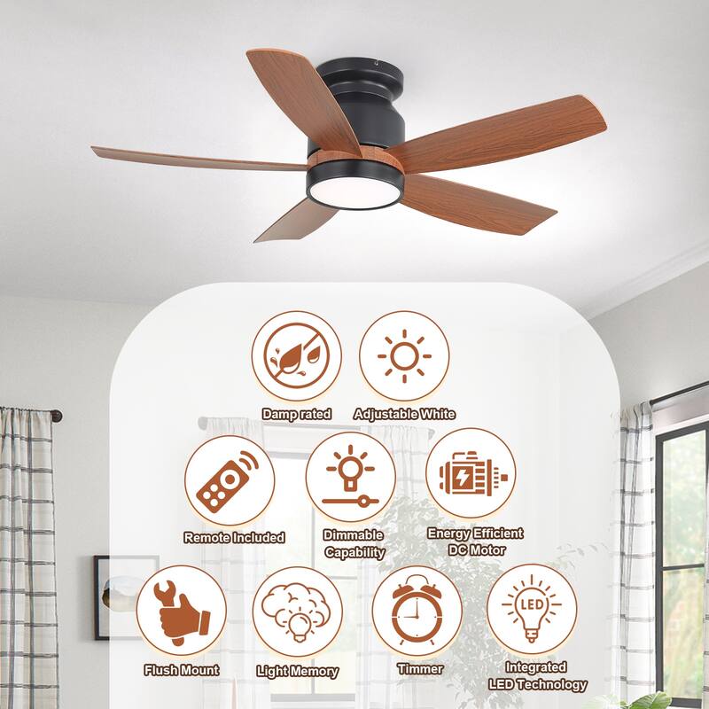 Sofucor 42"/48"/ 52"/60"Noiseless Walnut Wood Ceiling Fan with Remote Control, Integrated Light Optional