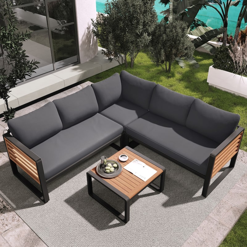 4 Pieces Outdoor Patio Conservation Set, Metal and Wood Frame Sectional L-shaped Sofa with Soft Cushion and a Coffee Tables