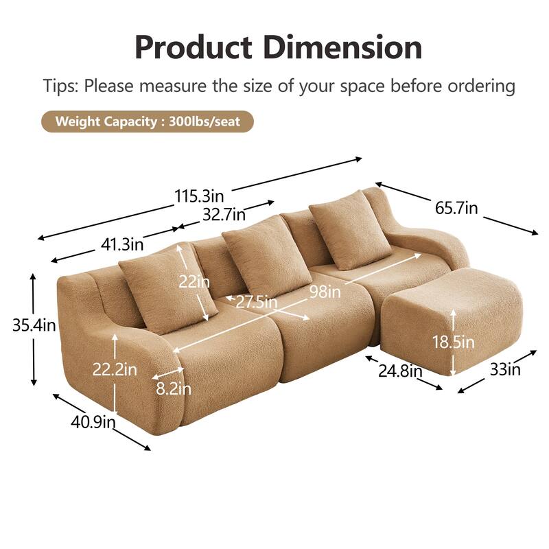 Roomfitters 3-Seat Teddy Fabric Boneless Sofa with Chaise, No Assembly 32D Sponge Couch