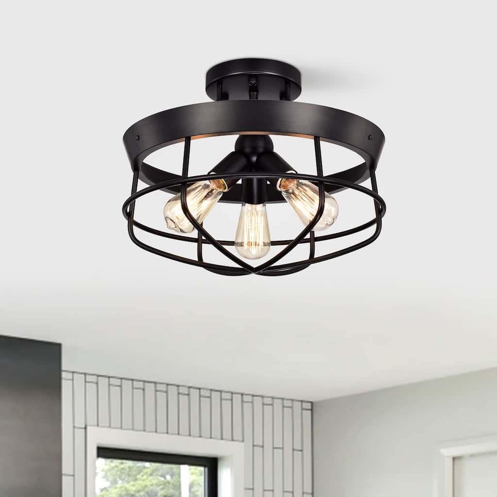 Willem Matte Black 3-Light Metal Cage Semi-Flush Mount