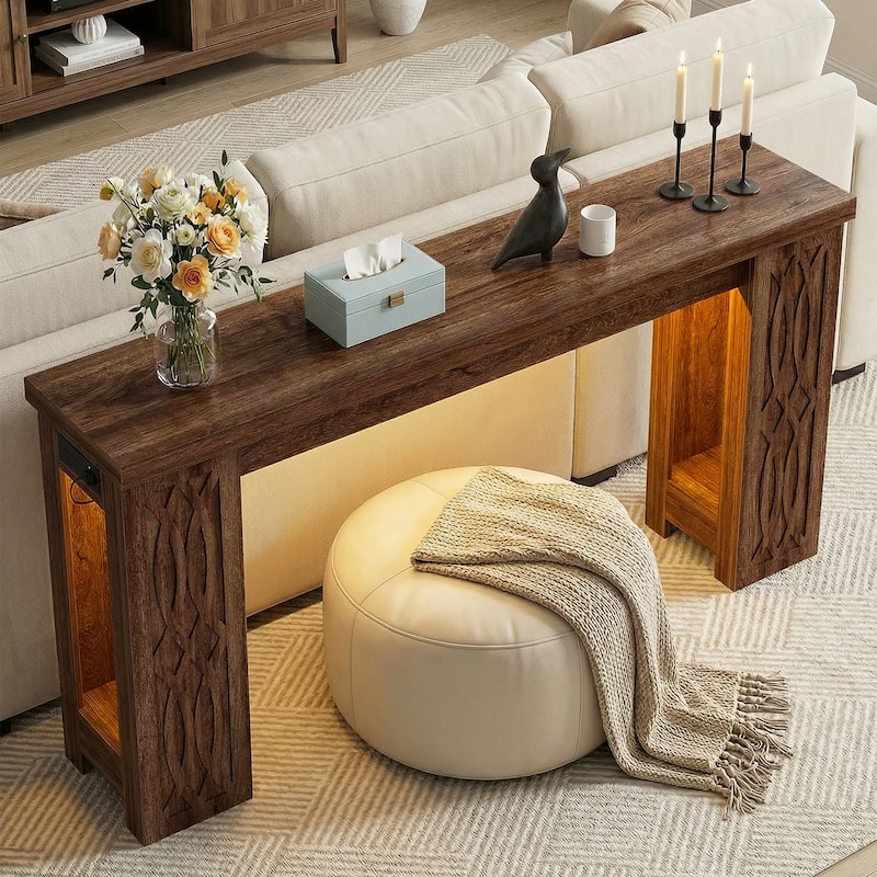 47" Farmhouse Console Table with RGB LED Light ＆ Power Outlets, Unique Carved Design Farmhouse Entryway Table Sofa Table