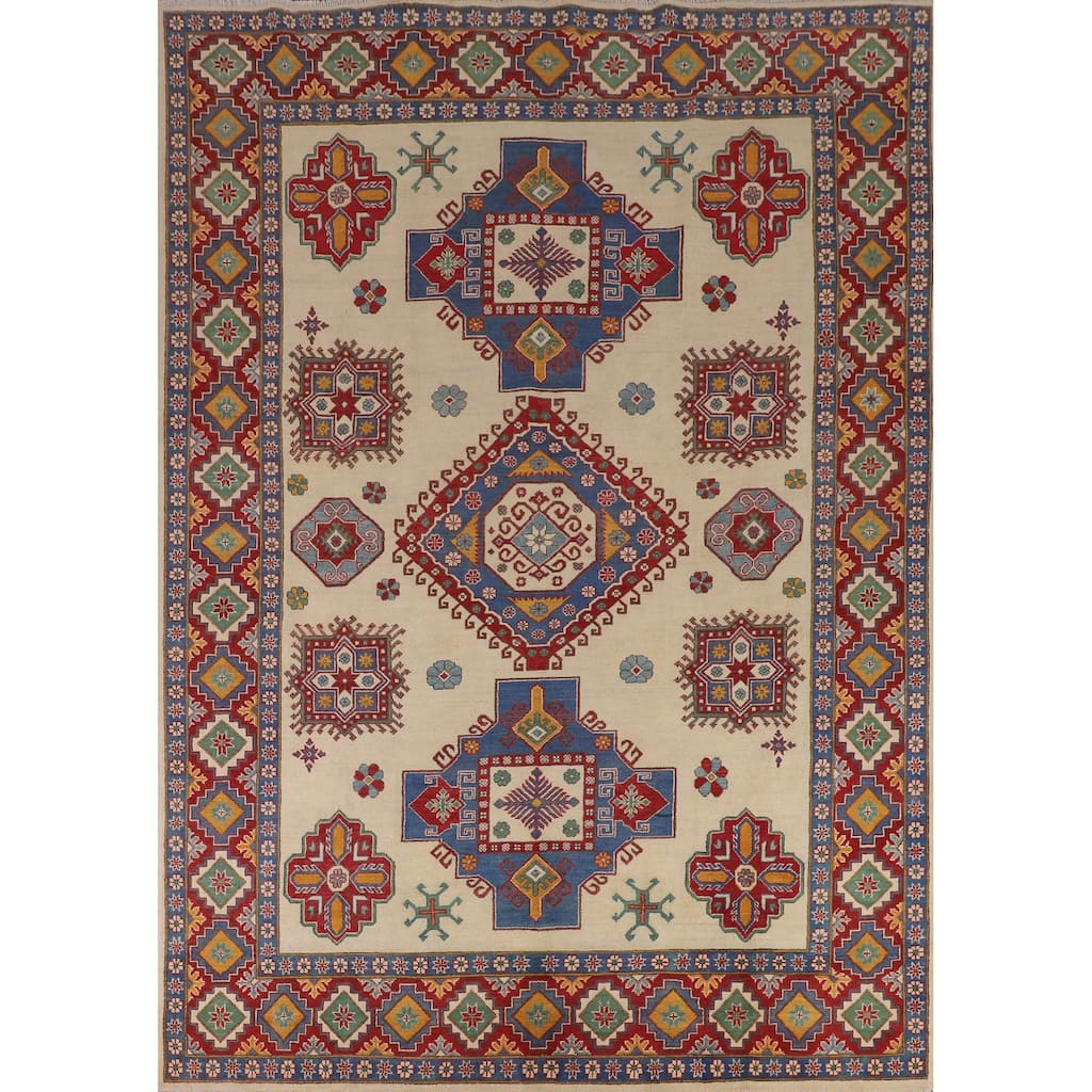 Ivory Geometric Kazak Area Rug Hand-Knotted Wool Carpet - 8'0" x 10'6"