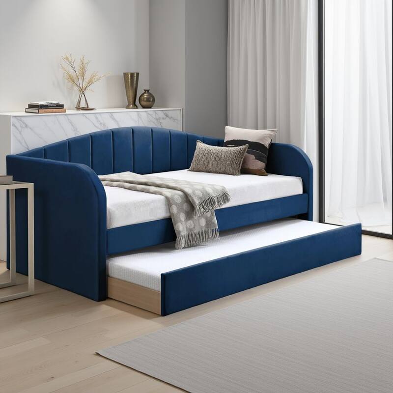 Keo Daybed with Pull Out Trundle, Channel Tufted Modern Blue Velvet