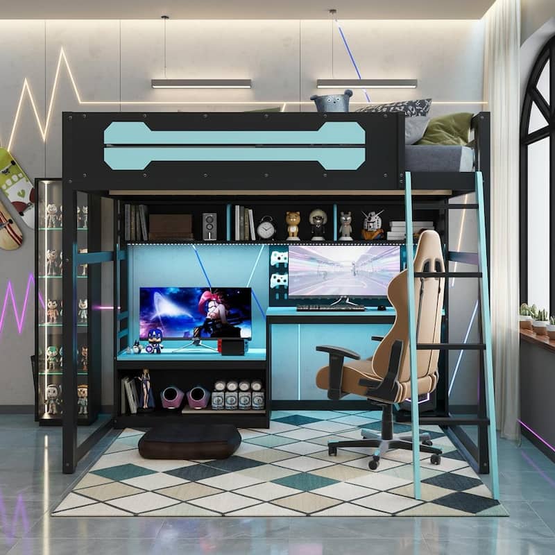 E-Sport Elite Full Size Loft Bed with RGB Lighting, Charging Station & Gaming Desk Hub by Harper&Bright Designs - Blue