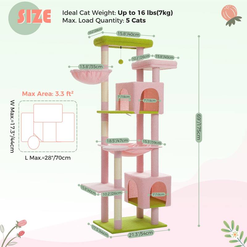 69" Tall Cat Tree Tower for Indoor Large Cats with Super Large Hammock, Scratching Posts, Condo House and Large Top Perch