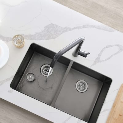 STYLISH 32 inch Graphite Black Double Bowl Undermount Stainless Steel Kitchen Sink with Grids and Basket Strainers Handmade