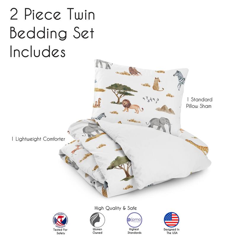 Jungle Animals 2pc Twin Comforter Set Hunter Green Yellow Grey Black and White Wildlife Safari Animal Elephant Giraffe Monkey