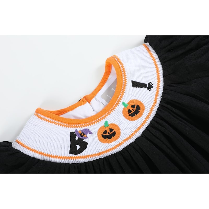 Lil Cactus Black and Orange Boo Halloween Smocked Bishop Dress