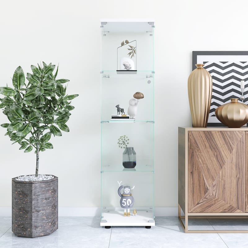 Tempered Glass Display Cabinet 4 Shelves with Door and Lock, Floor Standing Curio Bookshelf for Living Room Bedroom Office