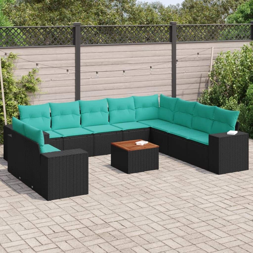 vidaXL 11 Piece Patio Sofa Set with Cushions Black Poly Rattan - 24.4 x 24.4 x 27.2