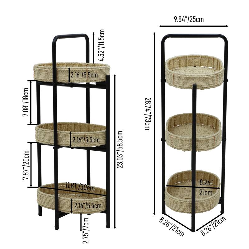 Small Handwoven Side Tables 3-Tier Oval Organizer Portable Storage Shelf