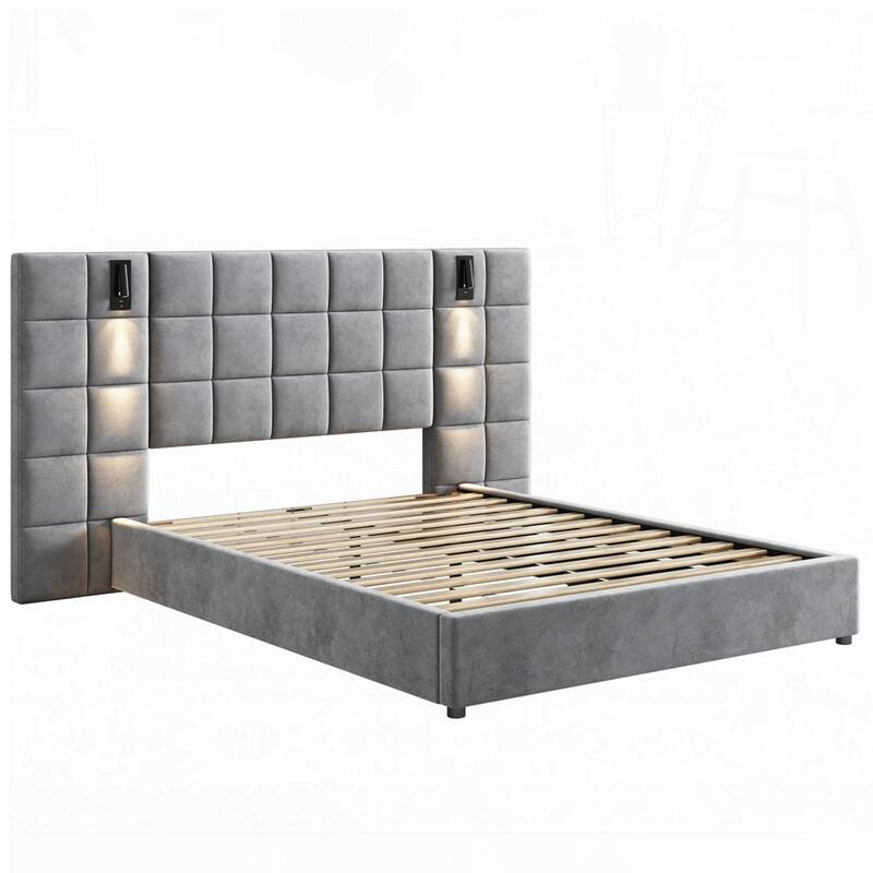 wide headboard Upholstered bed with reading lamp and USB port