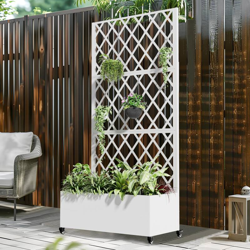 Raised Garden Bed Planter with Trellis Movable Planter Box with Lockable Wheels - 71*35