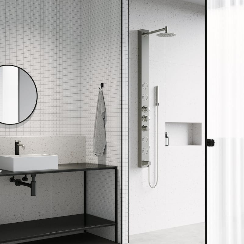VIGO Bowery 58" H x 4" W 4-Jet Shower Panel with Round Shower Head and Tub Filler