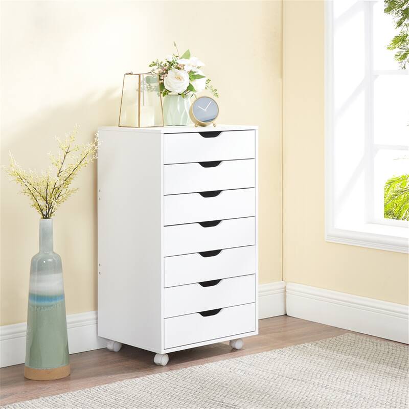 7- Drawer Office File Wooden Cabinet, for Home Office, Mobile File Cabinet, Mobile Storage Cabinet, Filing Storage Drawer - White