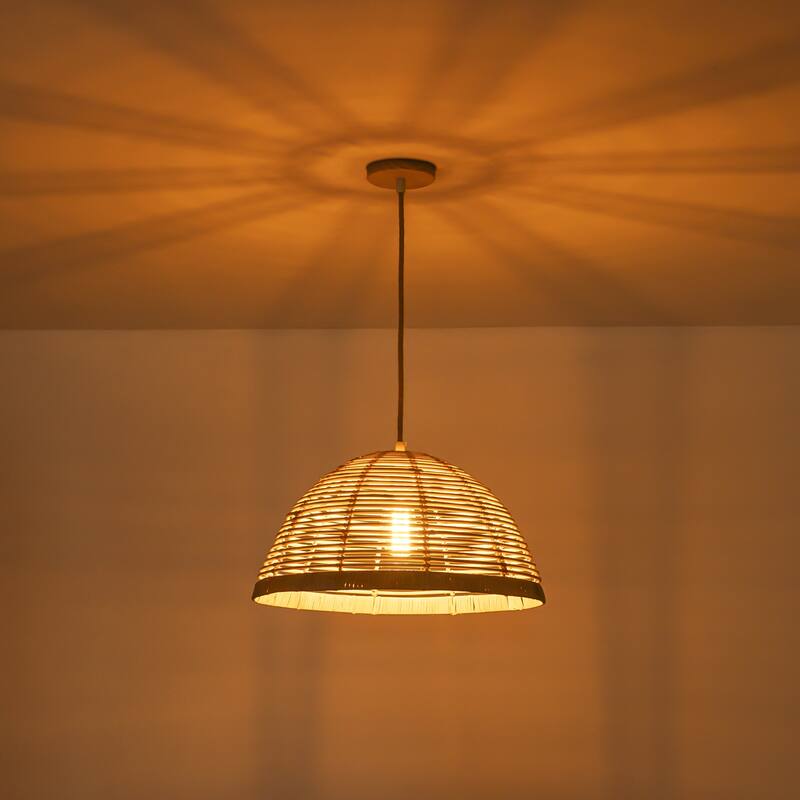 1-Light Farmhouse Rustic Dome Rattan Pendant Light for Kitchen Island - 19.4 in. W x 11 in. H