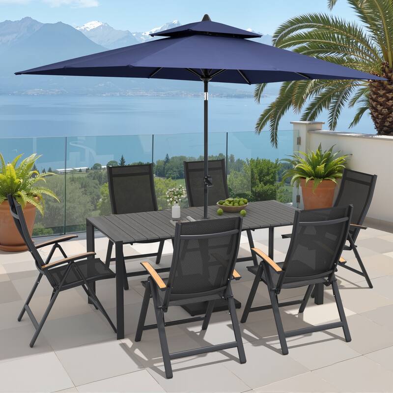 9/11-Piece Outdoor Patio Dining Set Aluminum Dining Table and Chairs w/10 ft Market Umbrella and Base - Set of 9 - Grey Table with Navy Blue Umbrella