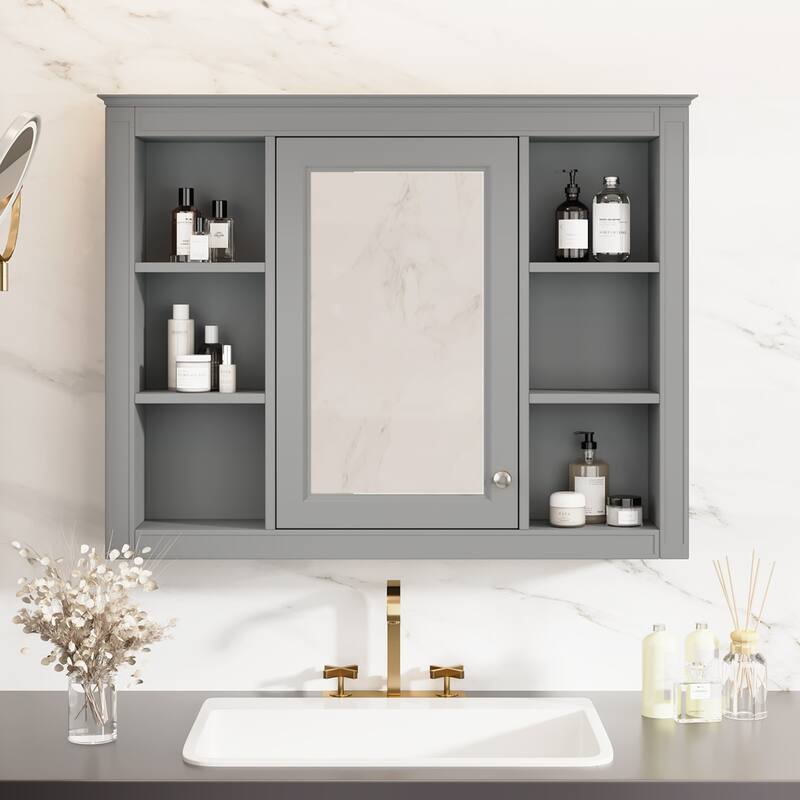 GDFStudio - Riggs Modern Wall-Mounted Bathroom Storage Cabinet with Mirror and Open Shelves (Not Include Bathroom Vanity) - Grey