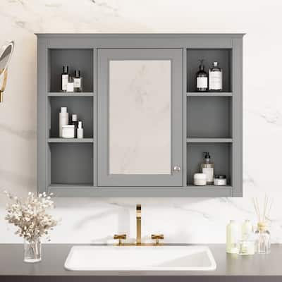 Simple and Stylish Mirror Cabinet with 6 Open Shelves, 35'' x 27.5'' Wall Mounted Bathroom Storage Cabinet with Mirror, Grey