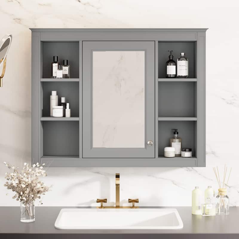 Wall Mounted Bathroom Wall Cabinet with Mirror, 6 Open Shelves - Grey