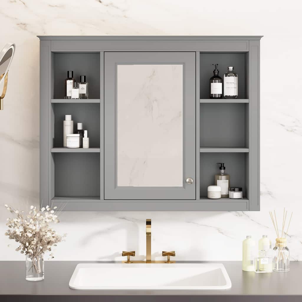 Wall Mounted Bathroom Wall Cabinet with Mirror, 6 Open Shelves
