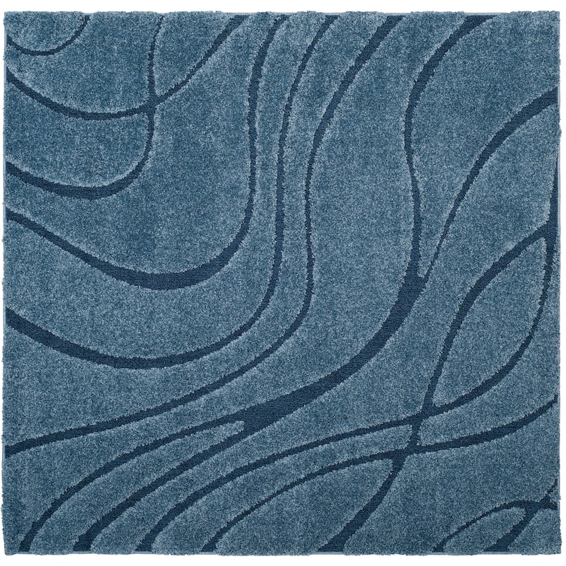 SAFAVIEH Florida Shag Sigtraud Abstract Waves 1.2-inch Thick Rug - 4' Square - Light Blue/Blue - Square