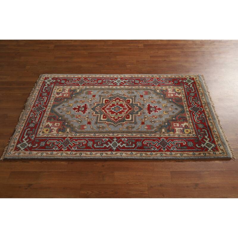 Hand Knotted Oriental 100% Wool Carpet Traditional Medallion Greys & Charcoal Heriz (serapi) Area Rug - 4' 10'' X 3' 0''