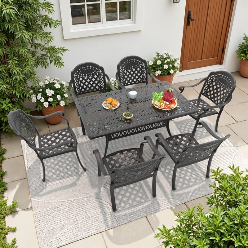5/7-Piece Cast Aluminum Outdoor Dining Set with 58.27'' L X 34.65'' W Rectangular Table and Seat Cushions