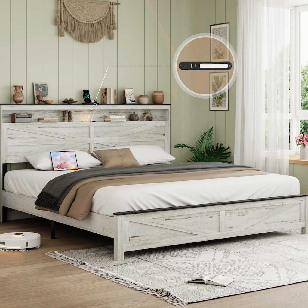 ​White Platform Bed - Hidden Storage & USB Ports