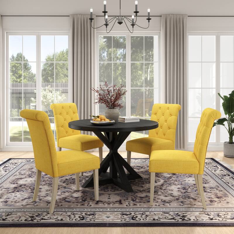 Contemporary 5-Piece Dining Set with Round Table and Button-Tufted Chairs - Solid Wood Construction for Lasting Durability - Black,Yellow
