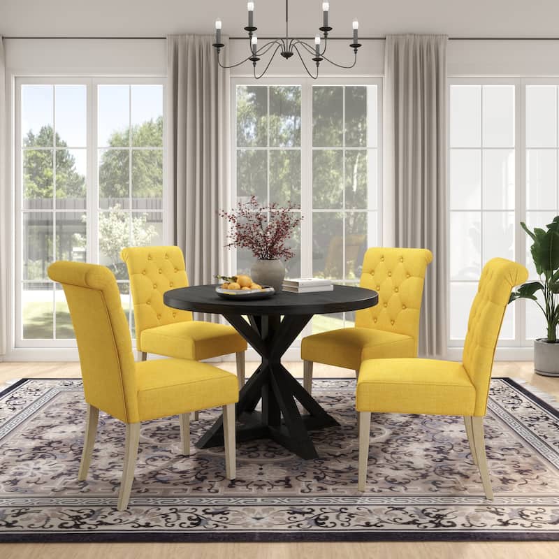 Roundhill Furniture Banff 5-Piece Round Dining Set, Cross-Buck Round Table with 4 Tufted Chairs - Yellow