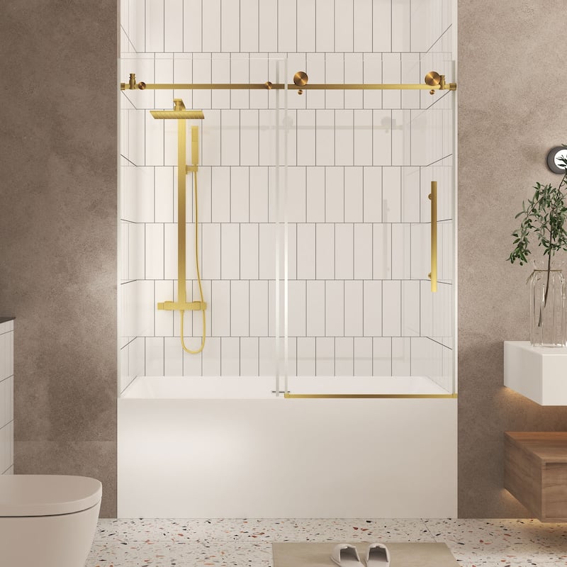 60 "W x 60" H Frameless Shower Door with Stainless Steel Handle - 60'' x 0.31'' x 60'' - Brushed Gold