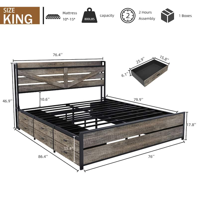 Retro Storage Bed with 12 Storage Drawers and Panel Headboard Built-in Charging Station, Metal Slats Support Platform Bed Frame